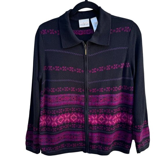 Villager By Liz Claiborne Womens Black Pink Polo Collar Knit Zip Sweater Jacket - Picture 1 of 10